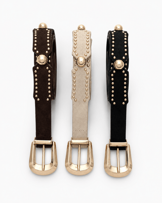 Gürtel in Braun & Schwarz & Beige mit abgerundeten, goldenen Nieten