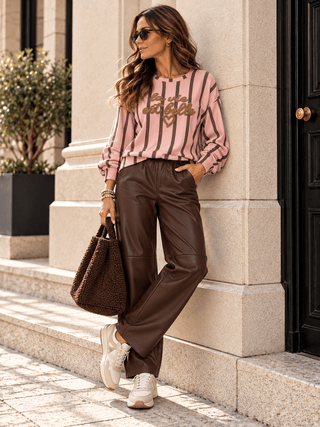 Sweater in Braun/Rosa mit Frottee-Print für Damen in Einheitsgröße 36-42 - Levelone GmbH & Co. KG