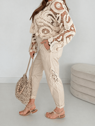 Jeans Stretchhose Beige mit Spitze | Damen OS 36-42 Levelone