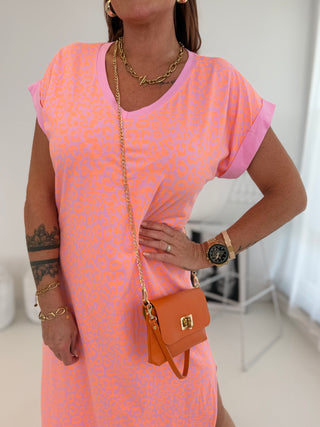 T-Shirt Kleid Leo Orange-Flieder | Damen OS 36-42 | Levelone