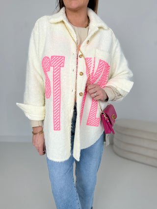 Fleecejacke in Wollweiss mit Print