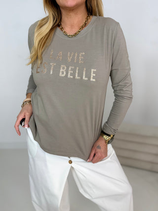 Langarmshirt in Taupe vorne mit Glitzerprint