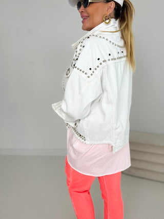 Jeans Jacke in Weiss für Damen in Größe L/XL mit Nieten dekoriert