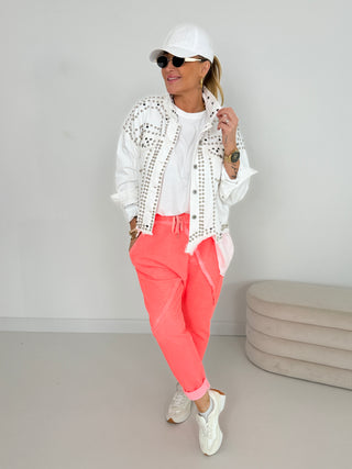 Jeans Jacke in Weiss für Damen in Größe L/XL mit Nieten dekoriert