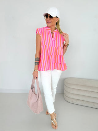 Musselin Bluse gestreift in Flieder-Pink-Orange für Damen in Einheitsgröße 36-42- Levelone GmbH & Co. KG