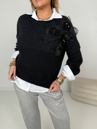 Strickpullover-schwarz-rosen-tüll-strass-damen-levelone