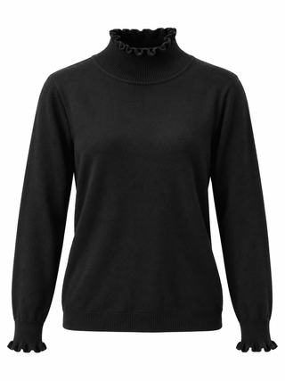 Feinstrickpullover in Schwarz für Damen mit Rüschen Stehkragen und Ärmelenden in Einheitsgröße 36-42 - Levelone GmbH & Co. KG