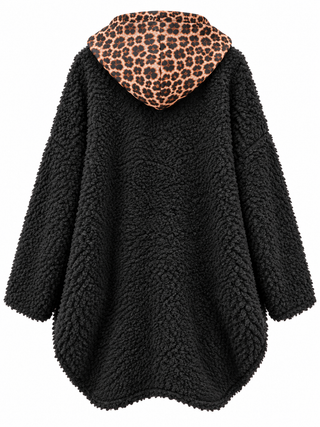 Teddy Hoodie in Schwarz, vorne kürzer, Print vorne, für Damen in Onesize 36-42 - Levelone GmbH & Co. KG